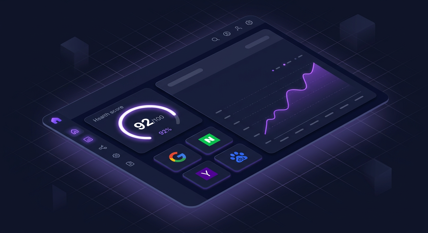 theXEO dashboard showing SEO health score and search engine integrations